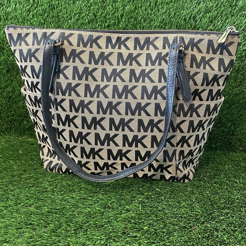 Michael Kors Signature Classic Black Monogram MK Jet Set Tote Hand Bag Purse - Picture 2 of 16